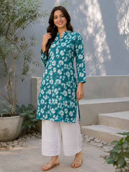 Teal Floral Print Cotton Cambric Kurta with White Cotton Schiffli Bottom Suit Set