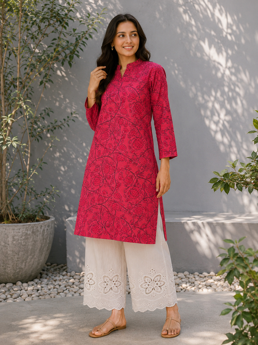 Pink Floral Cotton Kurta Fabric with White Cotton Schiffli Bottom Suit Set
