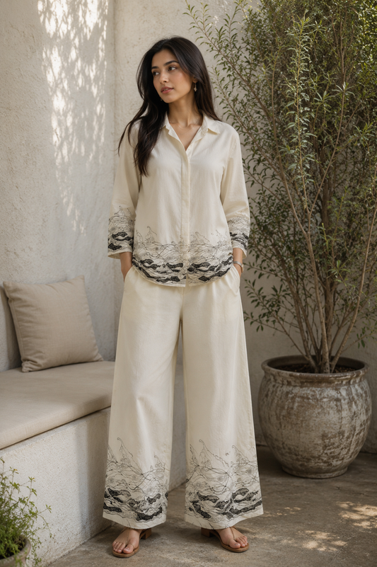 Imported Off White Georgette Thread Work Fabric with Black Border