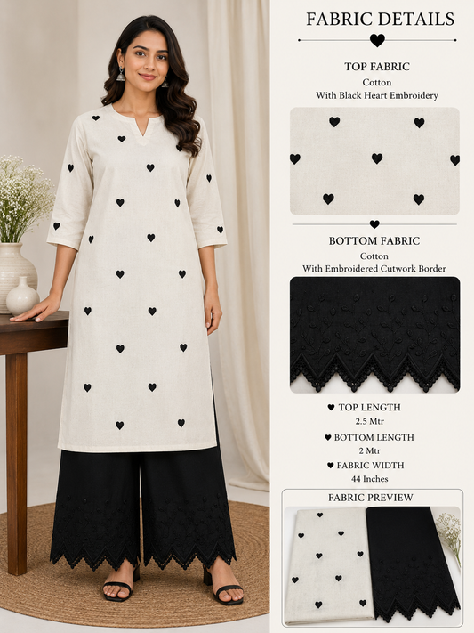 Black Heart Embroidery Cotton with Border Embroidery Suit Set