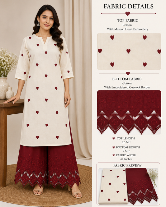 Red Heart Embroidery Cotton Suit Set | 44 Inch Width