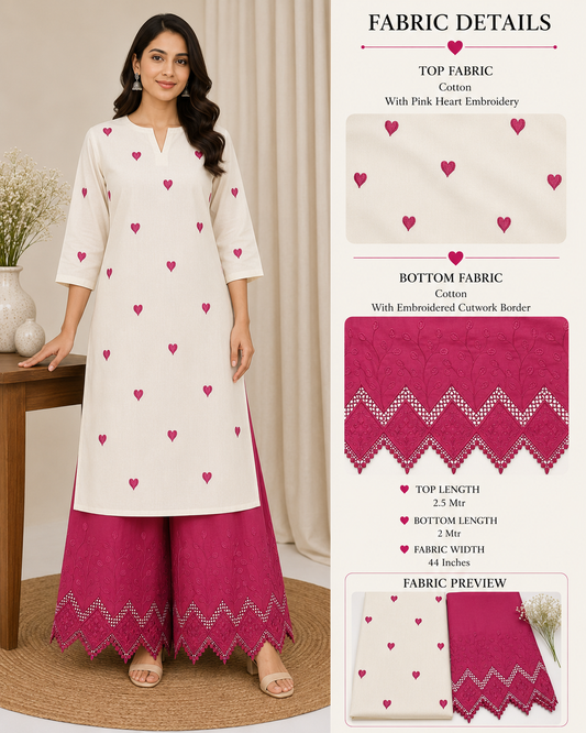 Magenta Heart Embroidery Cotton Suit Set Fabric | 44 Inch Width