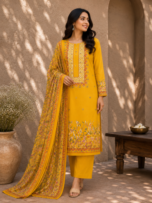 Mustard Yellow Cotton Suit Set with Pure Chiffon Dupatta