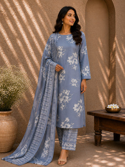 Premium Grey Floral Cotton Suit Set with Printed Mul Dupatta