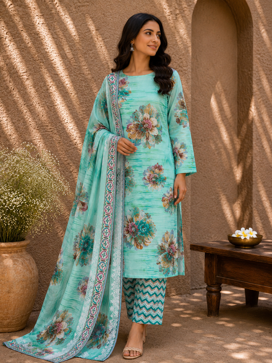Aqua Green Floral Cotton Suit Set with Printed Mul Dupatta