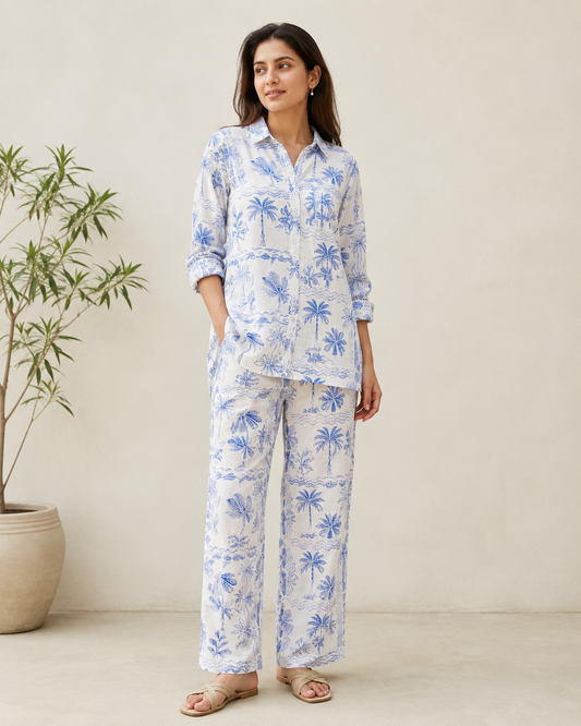 Blue Tropical Cotton Linen Fabric | 60 Inch Width | Premium Printed Fabric