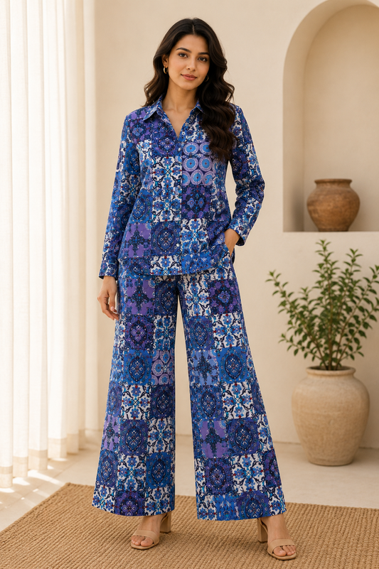 Blue Patchwork Printed Cotton Fabric