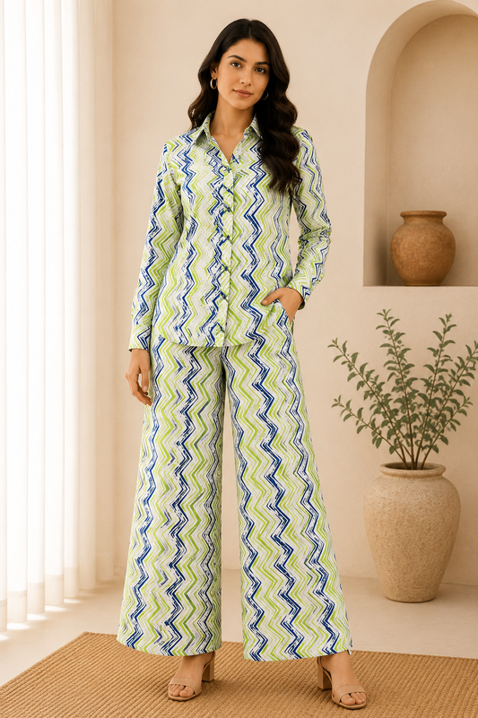 Green Blue Zigzag Pure Cotton Fabric