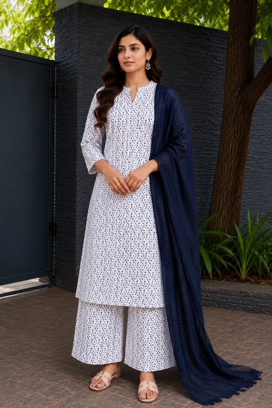 Navy Blue Cotton Linen All Over Suit with White Printed Kurta & Cota Doria Dupatta