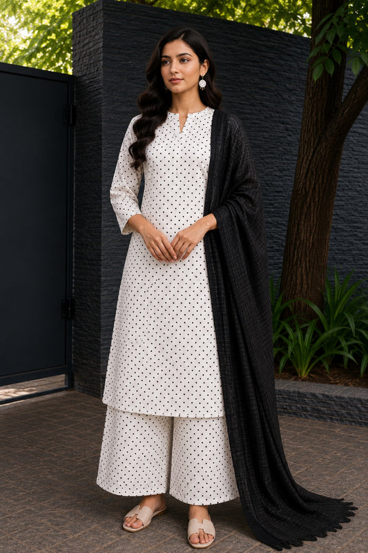 Black Polka Dot Cotton Linen All Over Suit with Self Cota Doria Cotton Dupatta