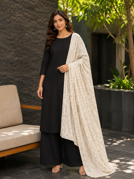 Deep Black Linen Blend Suit Fabric with Linen Blend Cotton Dupatta