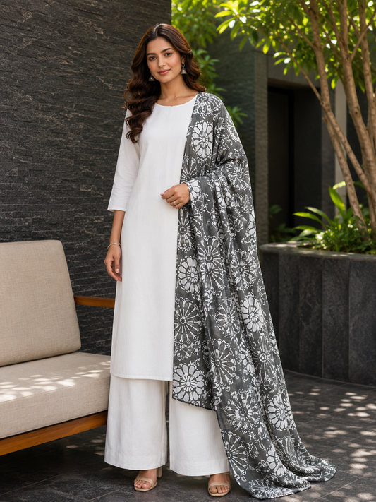 White Satin Modal Suit with Printed Mal Cotton Dupatta