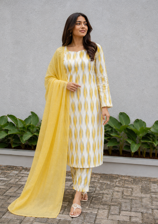 Premium Cotton Ikat Suit Set with Cota Doria Dupatta | 60 Inch Wide Dress Material for Women