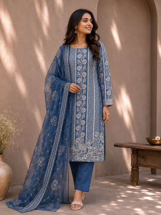 Dusty Blue Cotton Suit Set with Pure Chiffon Dupatta