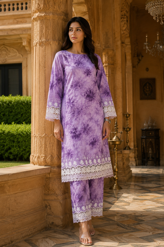 Lavender Tie Dye Designer Border Modal Rayon Schiffli Fabric