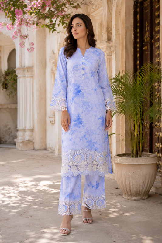 Powder Blue Designer Border Modal Rayon Schiffli Fabric
