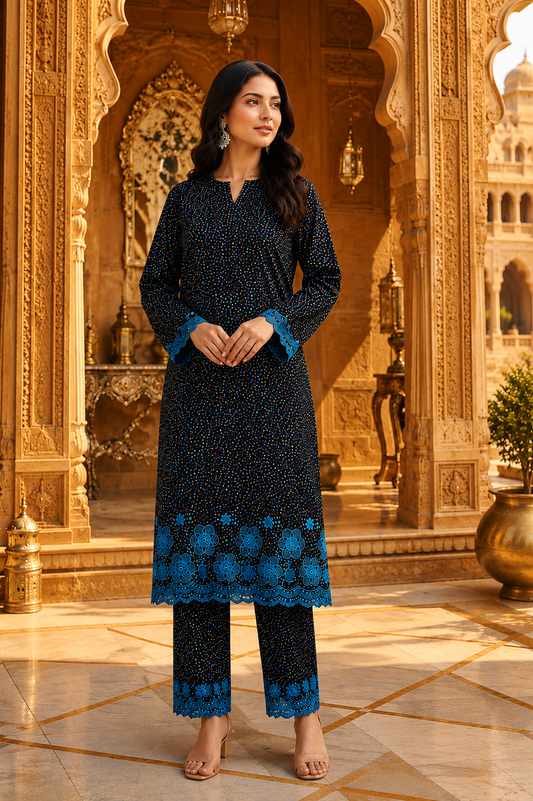 Designer Black Cotton Poplin Polka Dot Fabric with Sky Blue Embroidered Designer Border Schiffli