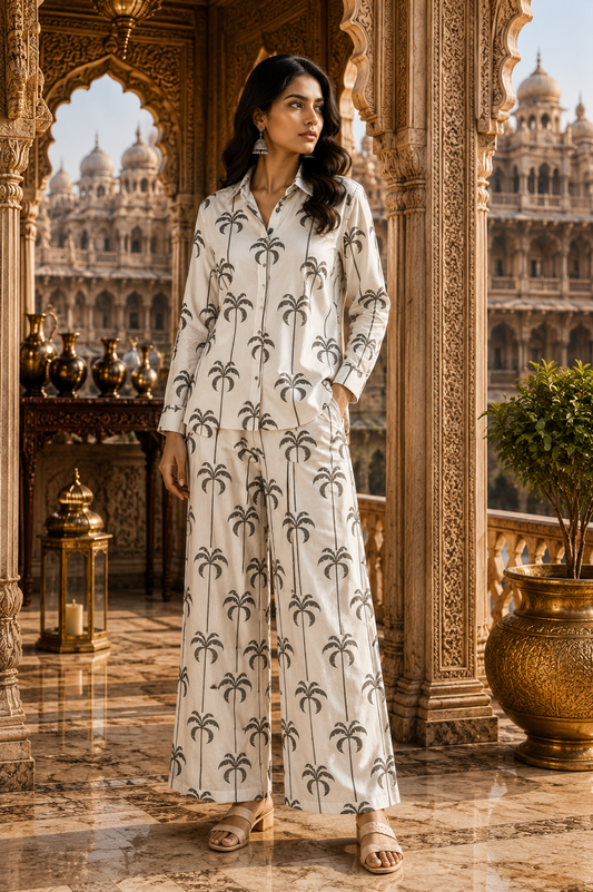 Elegant Palm Tree Print Cotton Linen Fabric – Grey