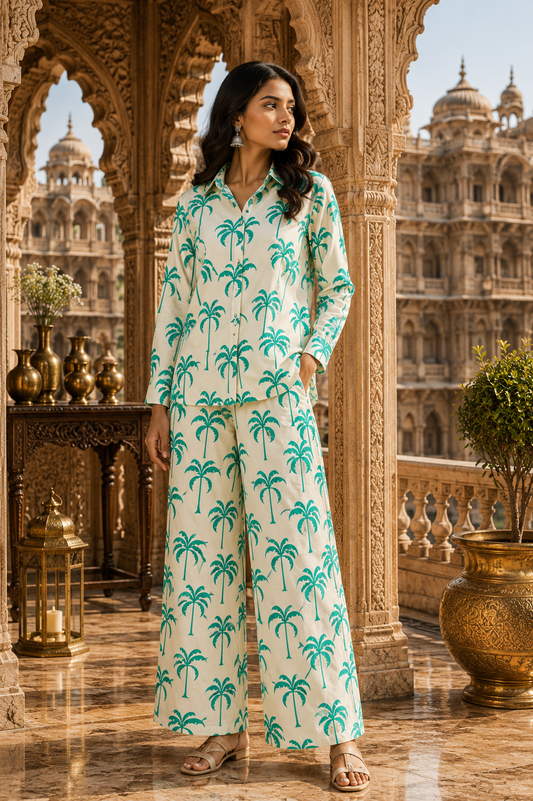Tropical Coconut Palm Print Cotton Linen Fabric – Aqua Green