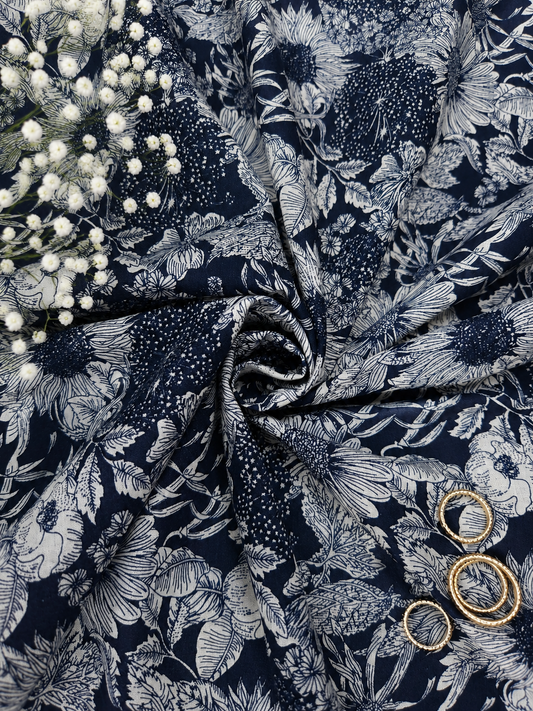 Blue Porcelain Floral Linen Blend Fabric