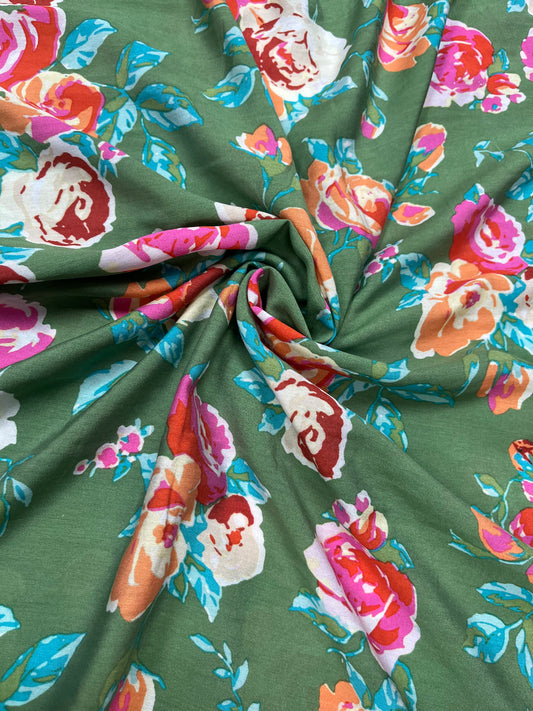 Sage Green Floral Muslin Print Fabric