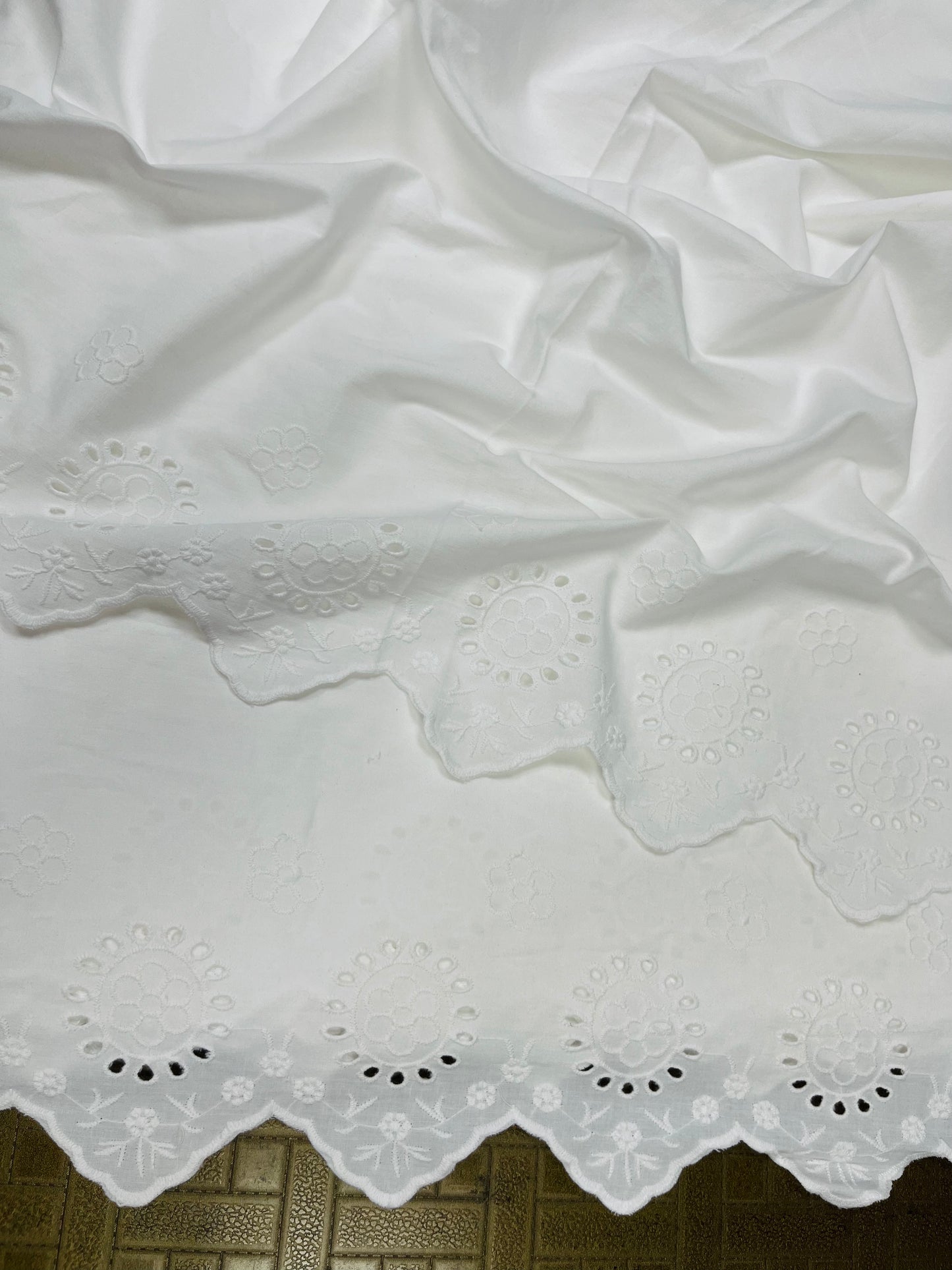 White Ivory Bloom Cotton Poplin Border Chikan Fabric
