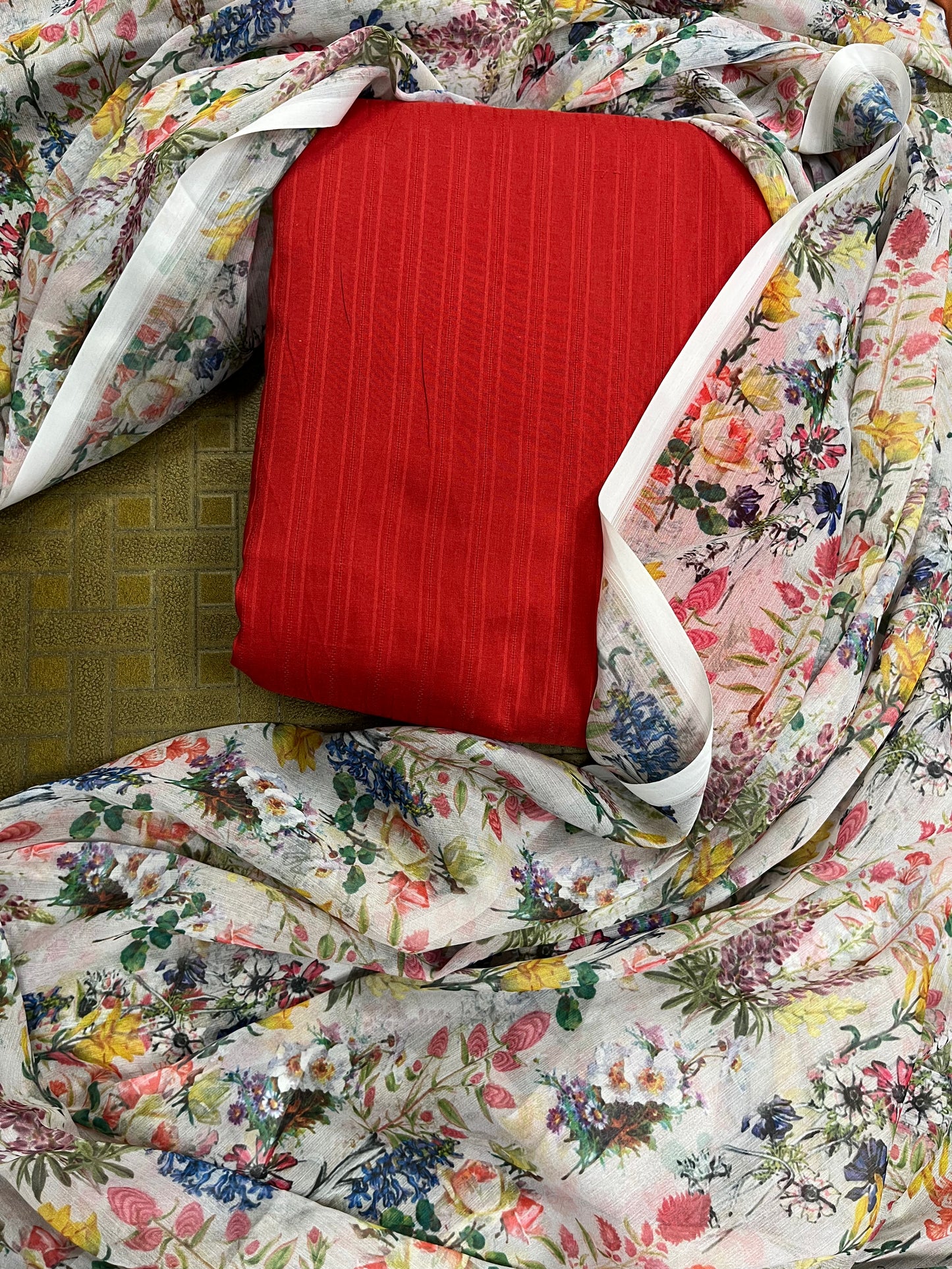 Premium Red Cotton Suit Set with Grey FloralChiffon Dupatta