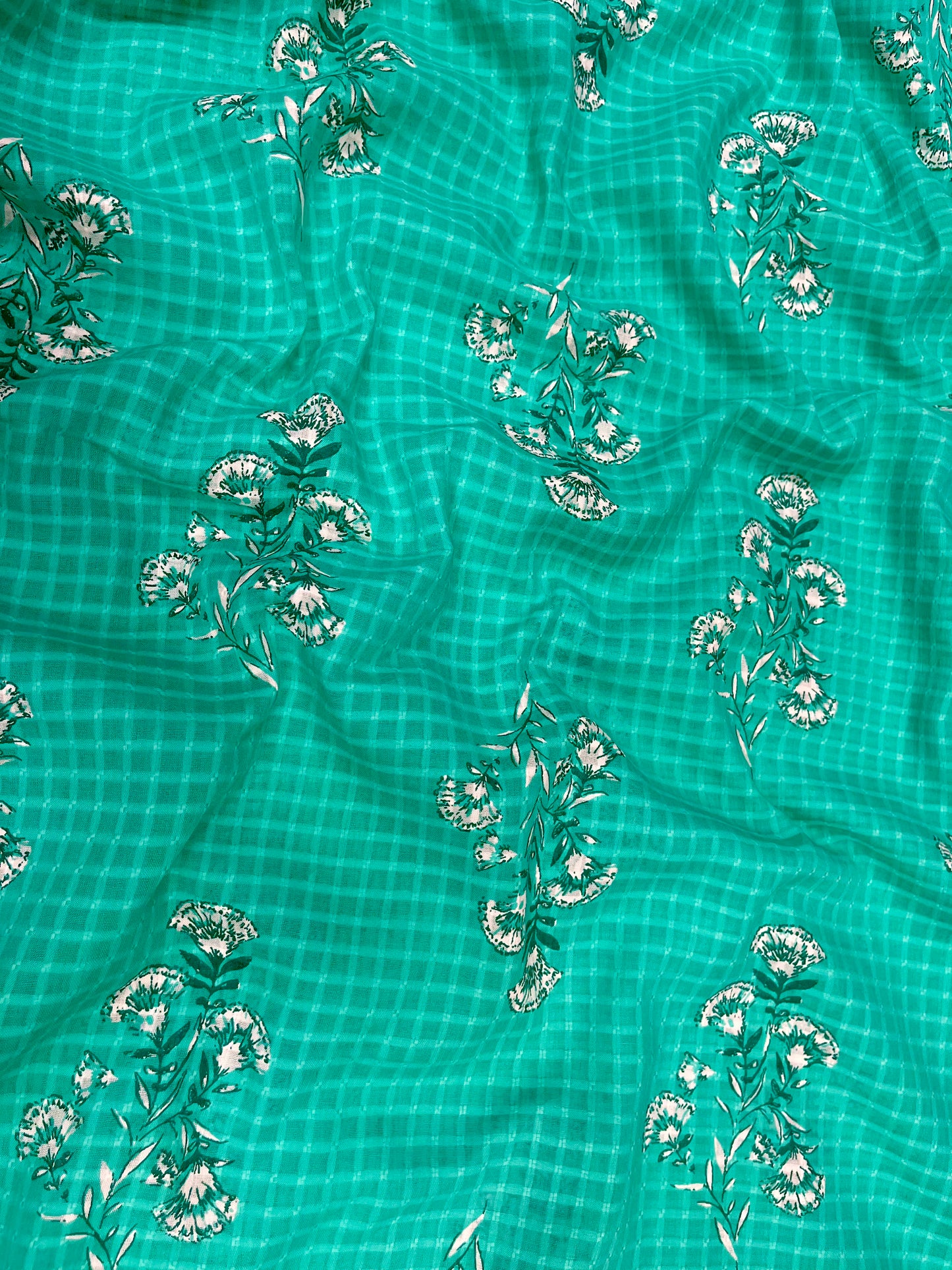 Sea Green Floral Kota Cotton Suit With Embroidered Bottom