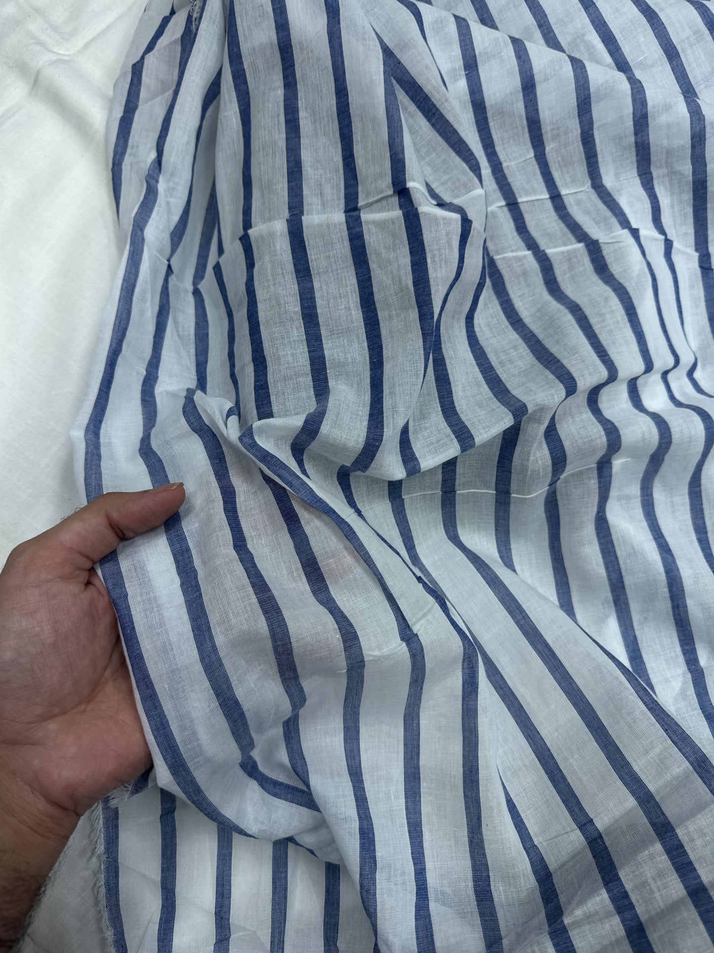 White & Blue Striped Cotton Dupatta Fabric โ Breathable Luxury Mal Cotton (60โ Width)