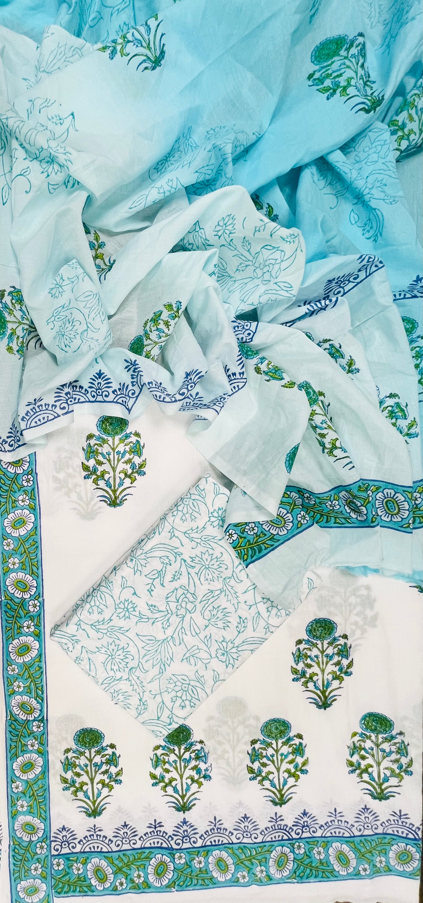 Premium Floral Block Print Cotton Suit Set with Sky Blue Ambra Dye Dupatta