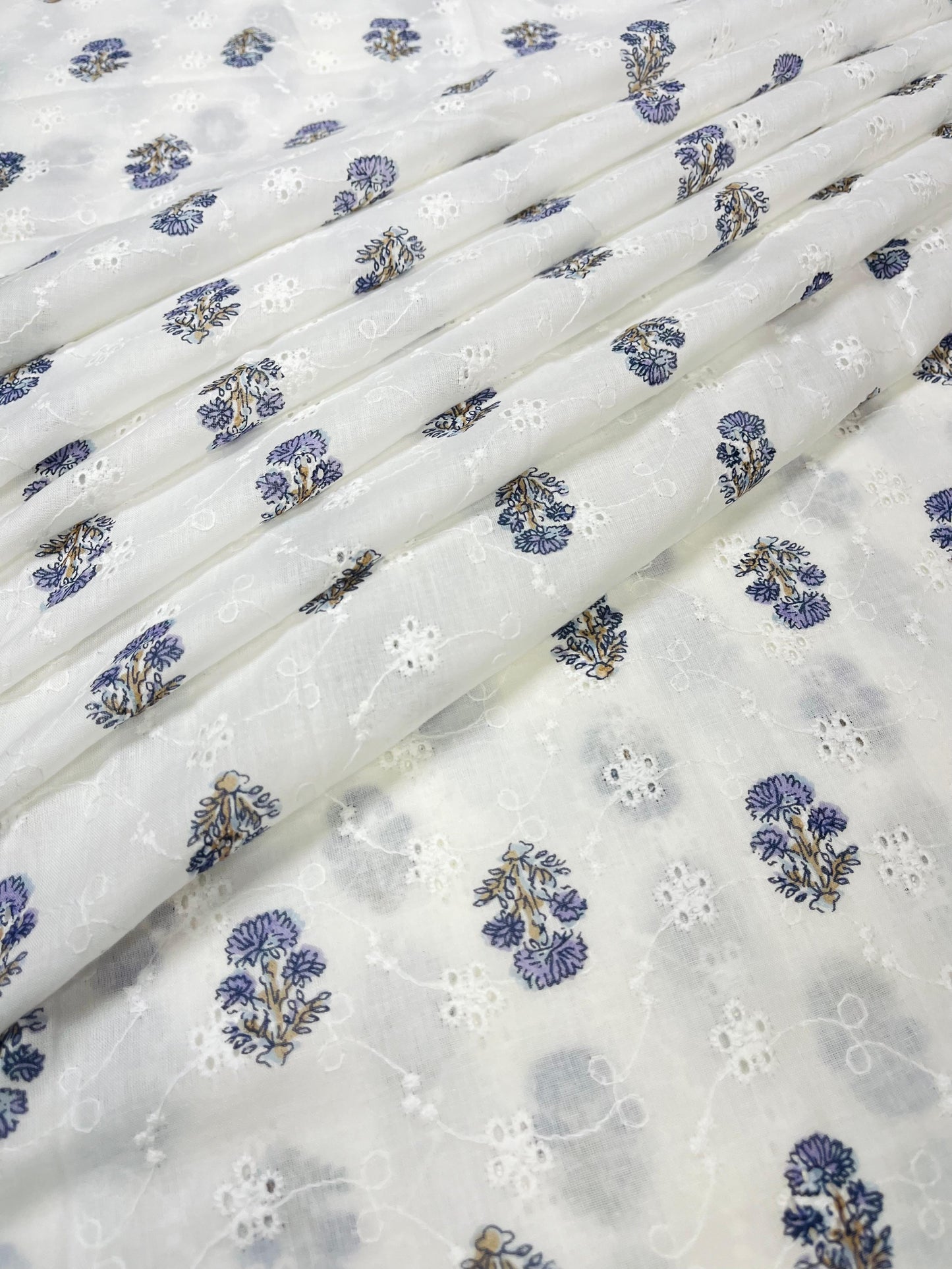 Indigo Blossom Printed Schiffli Cotton Fabric