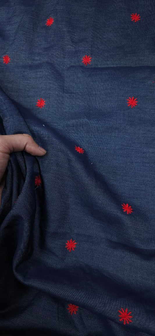 Silky Denim with Red Embroidery Cotton Denim Fabric