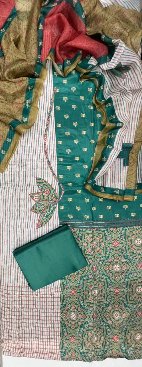 Emerald Festive Ethnic Cotton Suit Fabric Set with Cotton Muslin Dupatta (3-Piece)