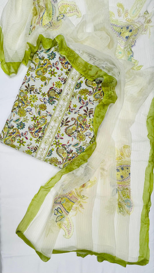 Ivory Olive Paisley Cotton Suit Set Fabric with Pure Chiffon Dupatta (3-Piece)