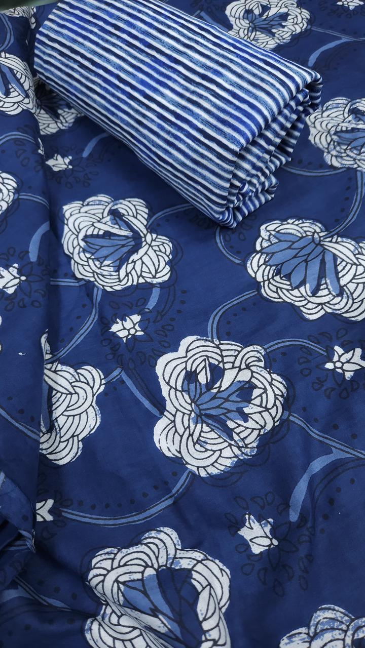 Navy Blue Floral Print Cotton Cambric Suit Fabric with Striped Bottom