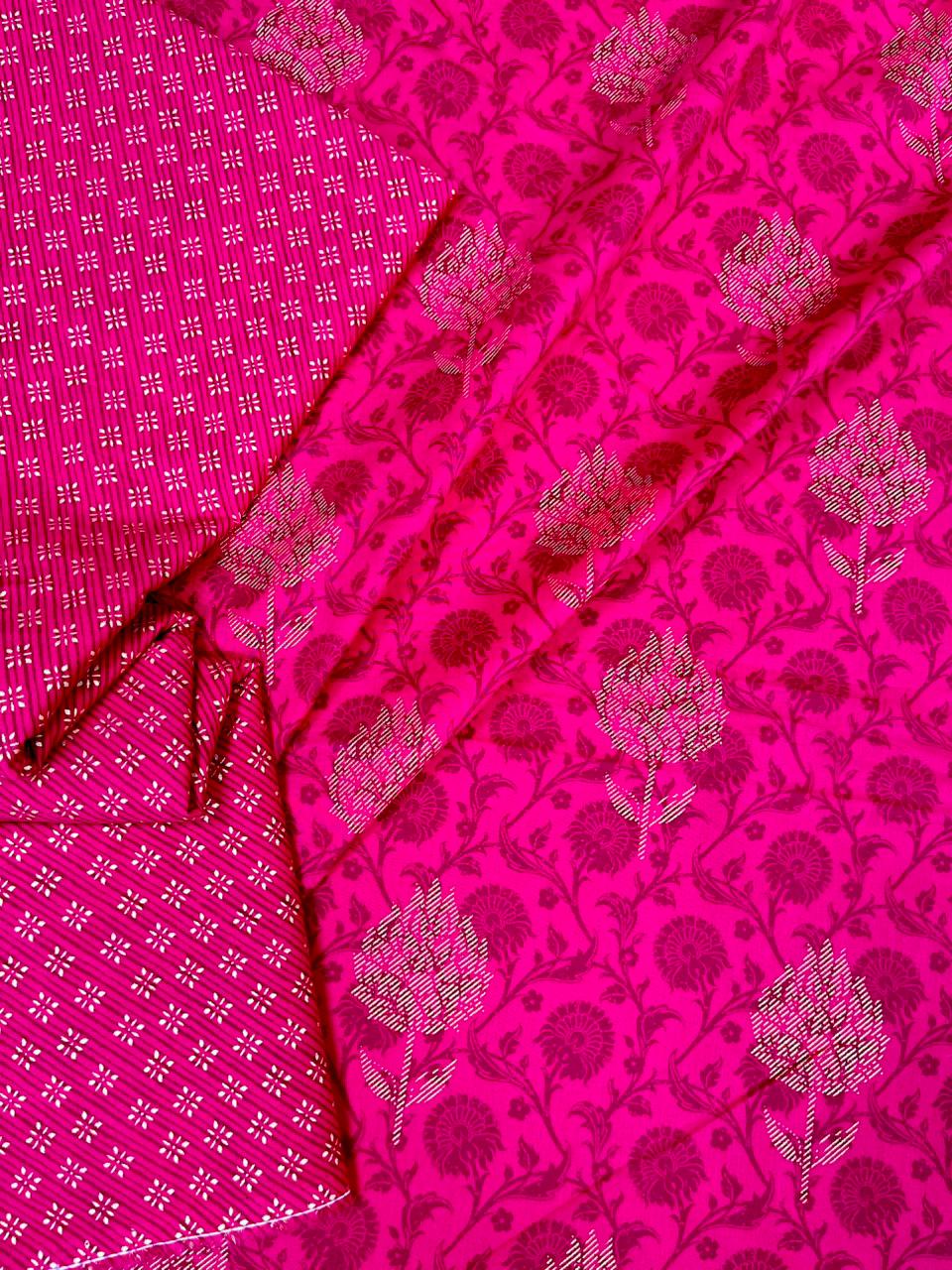 Royal Pink Ethnic Floral Cotton Cambric Suit Set – 60” Width