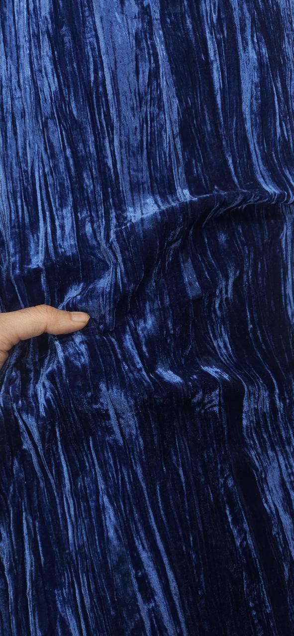 Steel Blue Pleated Velvet Fabric