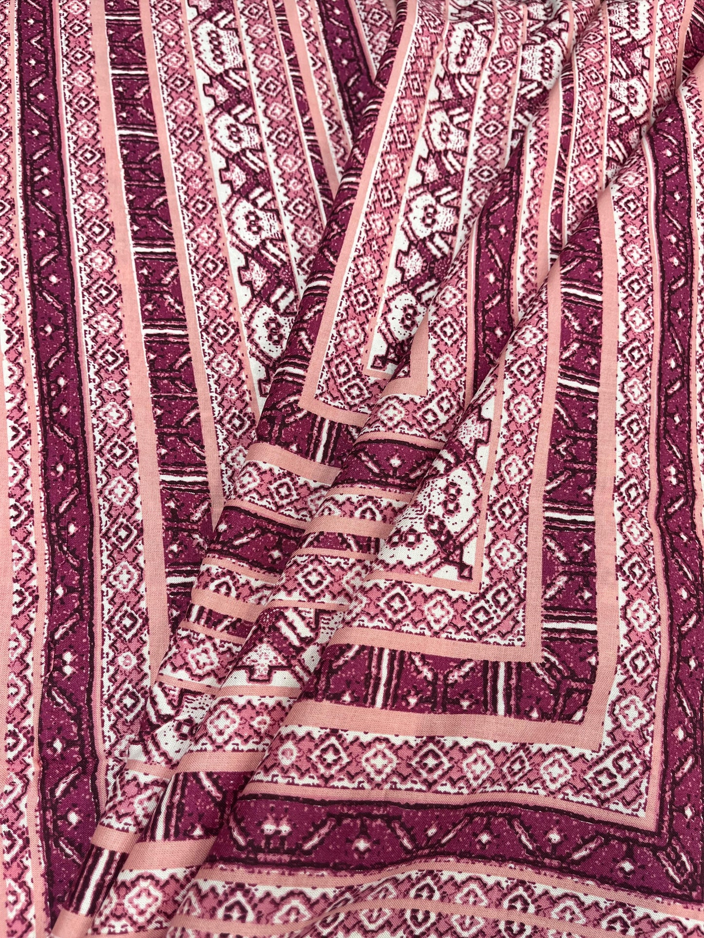 Maroon Ethnic Border Print Rayon Fabric