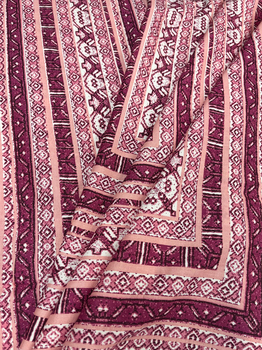 Maroon Ethnic Border Print Rayon Fabric