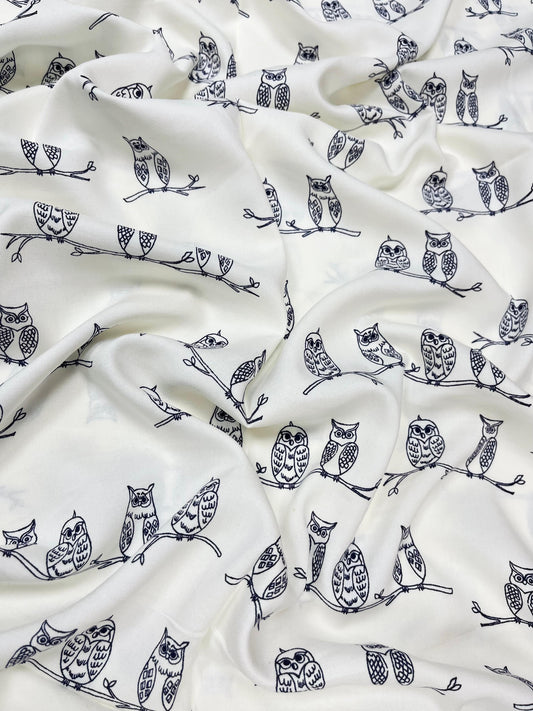 Cute Owl Sketch Premium Rayon Fabric