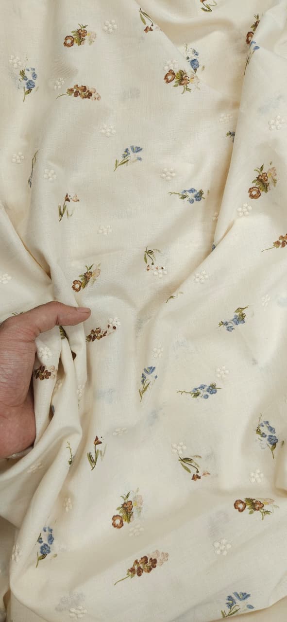 Cream Floral Cotton Embroidery Fabric