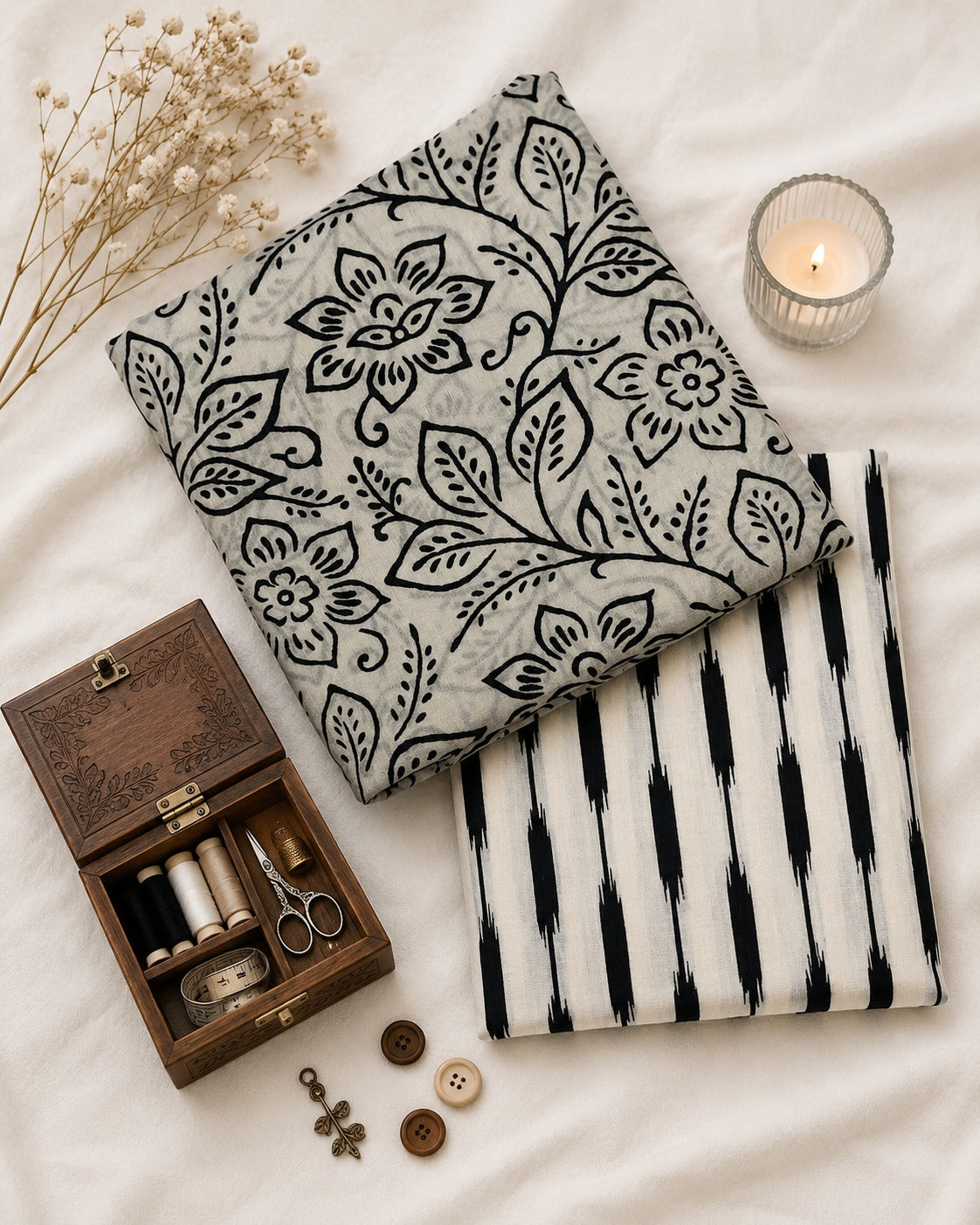 Premium Ikat Cotton Suit Set Fabric with Floral Bottom Print