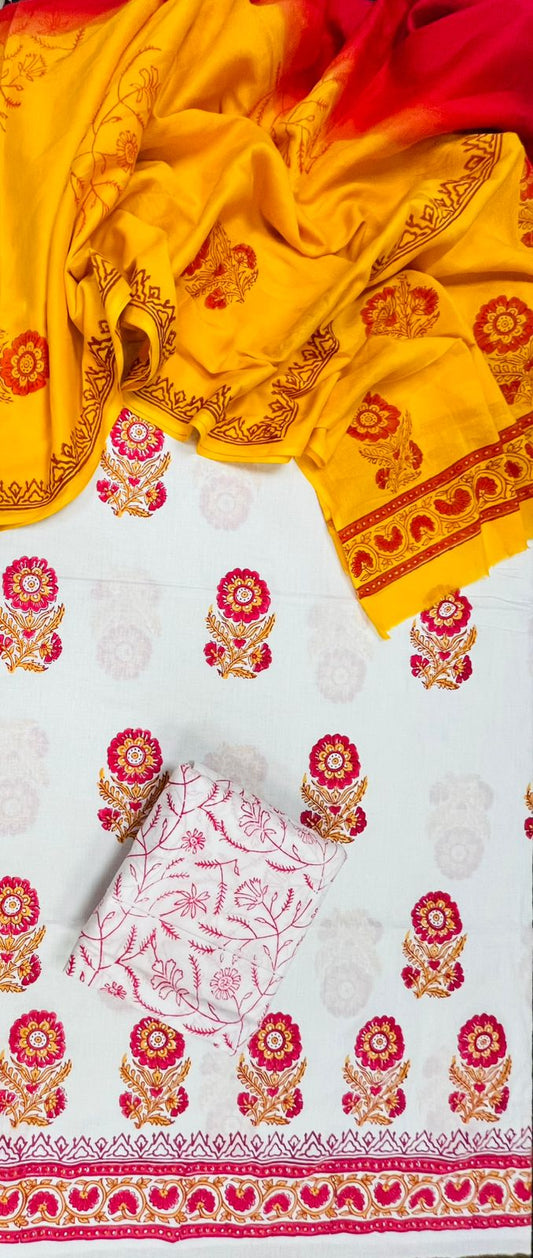 Premium Floral Block Print Cotton Suit Set with Yellow Ambra Dye Dupatta