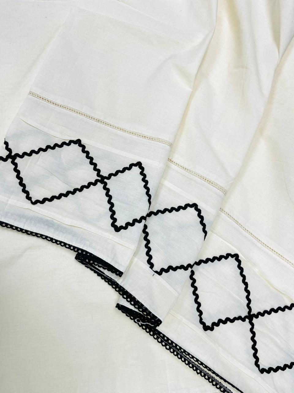 White Cotton Co-Ord Set Fabric with Black Ric Rac Lace Border | Designer Palazzo Fabric
