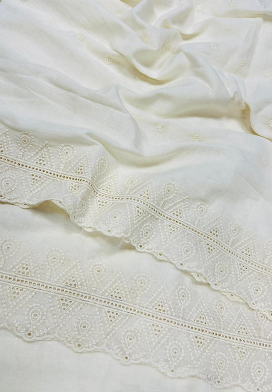 Off White Cotton Fabric with Paisley Schiffli Lace Work and Self Buti Embroidery | Boutique Wear Material