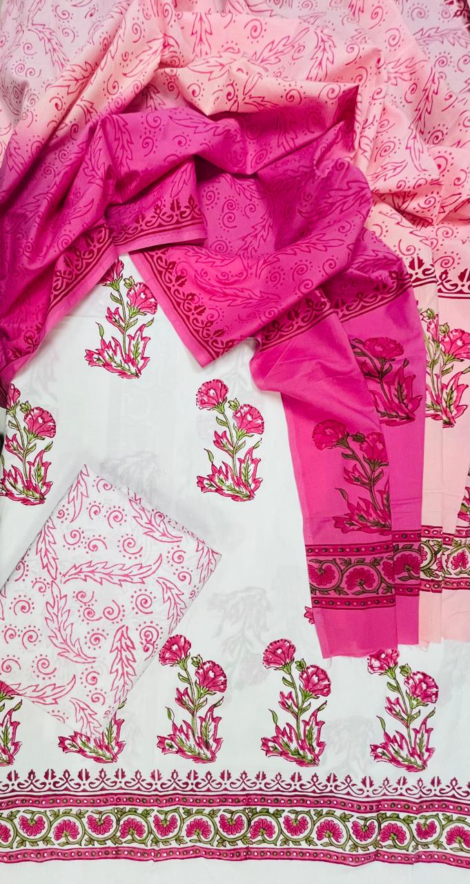 Premium Floral Block Print Cotton Suit Set with Pink Gulnaar Ambra Dye Dupatta