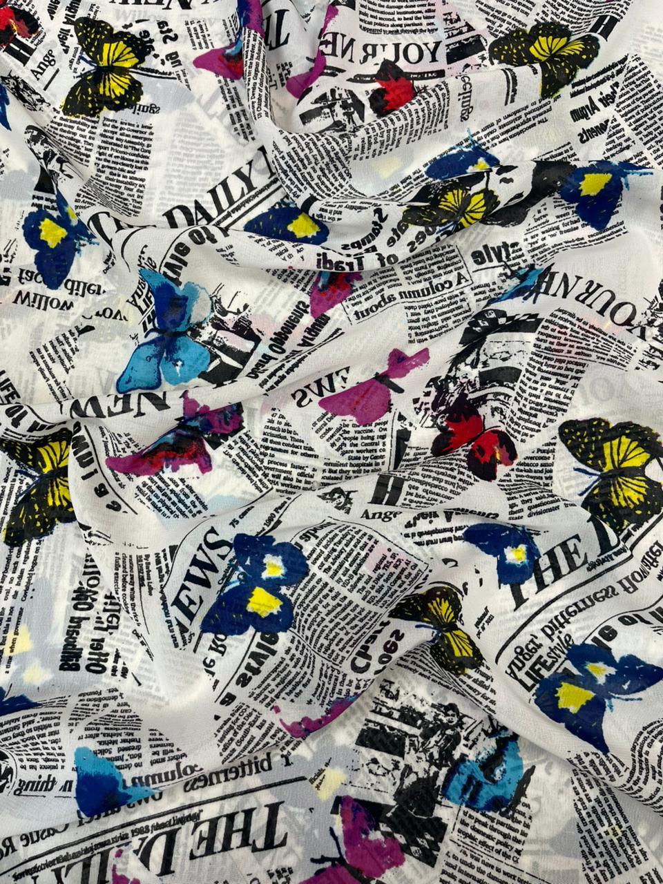Butterfly Newsprint Poly Georgette Fabric – 44 Inch Width