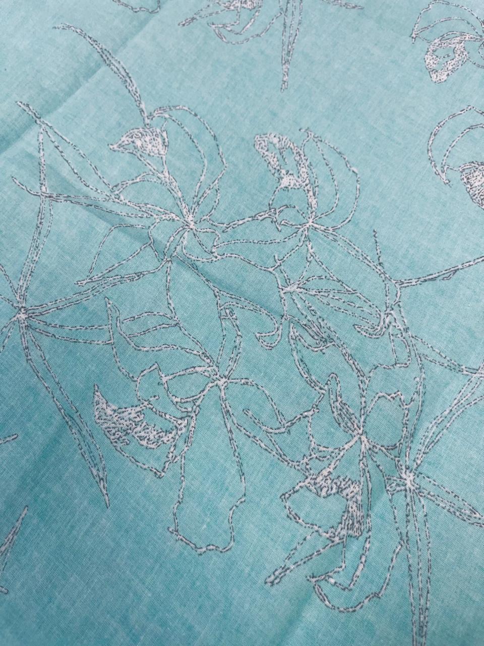 Aqua Bloom Cotton Suit Set with Silver Floral Bottom & Mul Dupatta