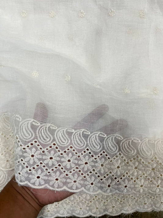 Off White Cotton Schiffli Dupatta with Floral Scalloped lace – 2.5 Metres