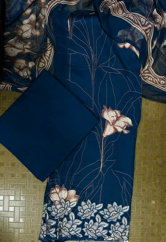 Royal Navy Blue Cotton Suit Set with Pure Chiffon Dupatta